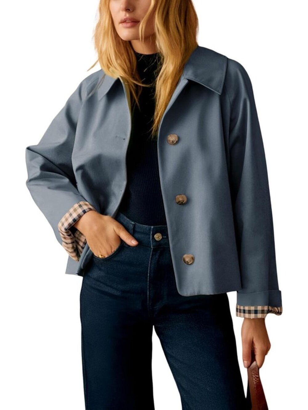Women's Grey Cropped Plaid Cuff Lining Button Down Single-Breasted Trench Coat